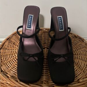 Bakers Black Slip-On Mules with Bow and Ankle Strap